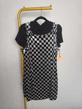 Smak Parlour Black & Grey Checkerboard Velvet Pinafore Mini Dress Size 1X